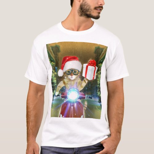 Cat in the Santa Claus hat delivers Christmas gift T_Shirt