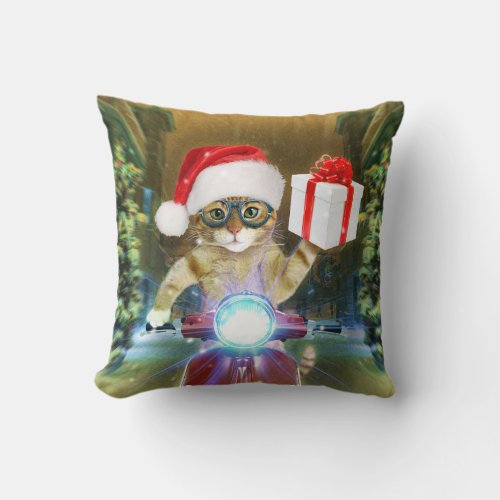 Cat in the Santa Claus hat delivers Christmas gift Throw Pillow