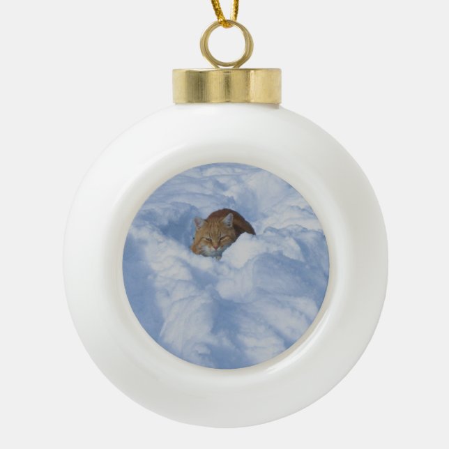 Cat in the snow ceramic ball christmas ornament (Front)