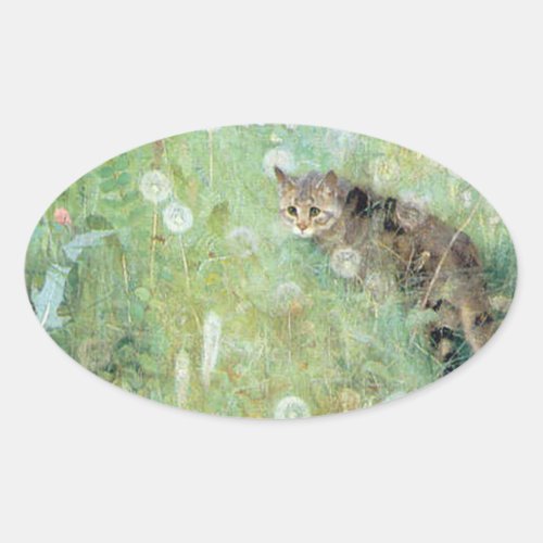 Cat in the Summer Meadow Bruno Liljefors Oval Sticker
