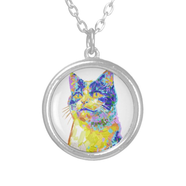 Cat in the Sunlight Button Silver Plated Necklace (Front)
