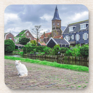 Cat in traditional fishing village beverage coaster