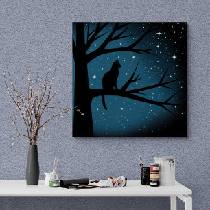 Cat In Tree on a Winter's Starry Night Canvas Print