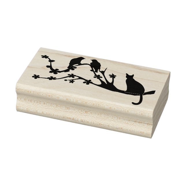Cat in Tree with Birds Silhouette Rubber Stamp (Stamp)