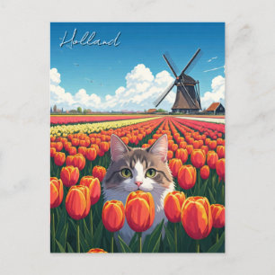 Cat in Tulip Fields Holland Netherlands Postcard
