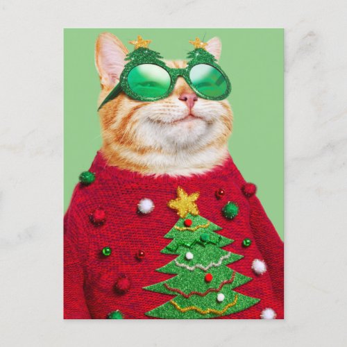 Cat in Ugly Christmas Sweater Invitation Postcard