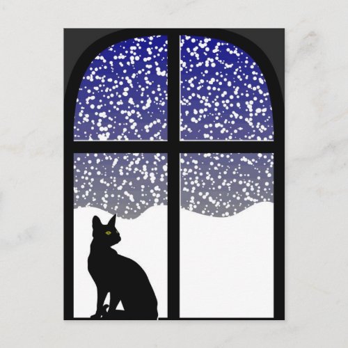 Cat in window in winter postcard
