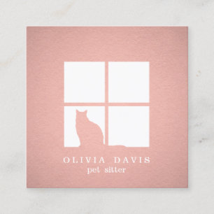 Cat in Window Pet Sitting or Groomer Services Pink Square Business Card