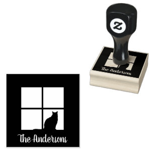 Cat in Window Simple Modern Script Name Cute Rubber Stamp