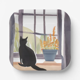 Cat in Windowsill   Silhouette Watercolor  Paper Plates
