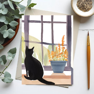 Cat in Windowsill Silhouette Watercolor Postcard