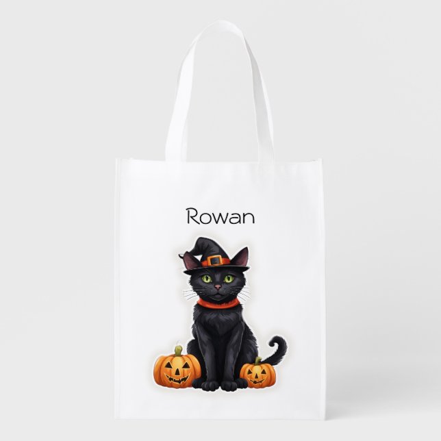 Cat In Witch Costume Grocery Bag (Front)