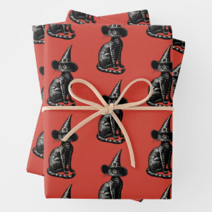 Cat in Witch Hat Vintage Illustration Wrapping Paper Sheets