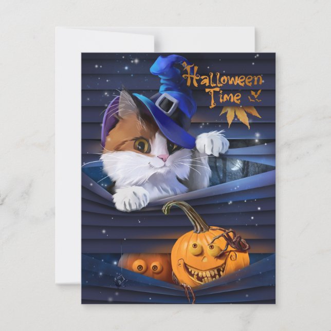 Cat in wizard hat and halloween pumpkin note card (Front)