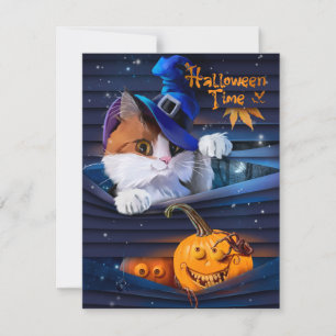 Cat in wizard hat and halloween pumpkin note card