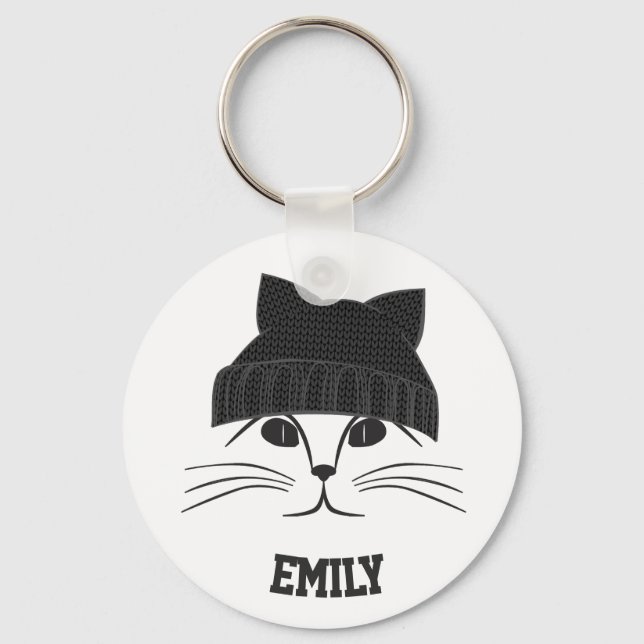 Cat in Wool Hat Personalised Cute Keychain (Front)