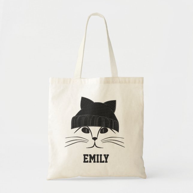 Cat in Wool Hat Personalised Cute Tote Bag (Front)
