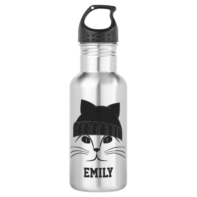 Cat in Wool Hat Personalised Stainless Steel Water Bottle (Front)