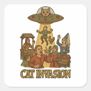Cat Invasion UFO Square Sticker