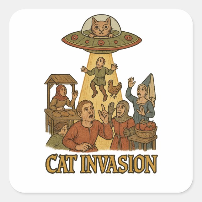 Cat Invasion UFO Square Sticker (Front)