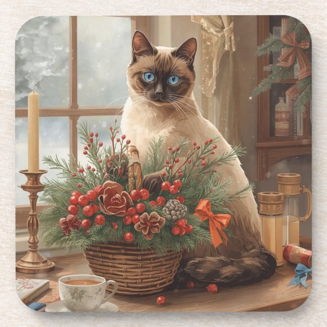 Cat is arranging Christmas Flowers Beverage Coaster (Front)
