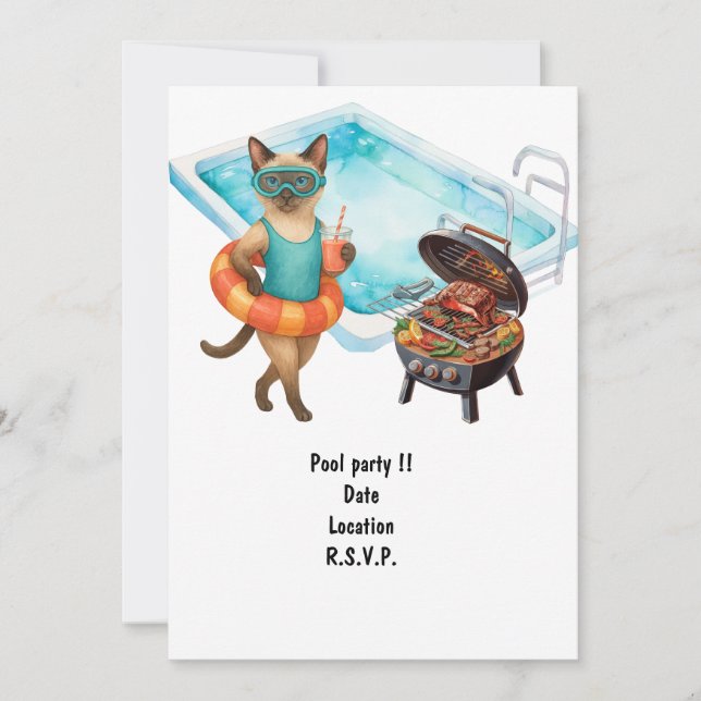Cat is at the pool for pool party invitation (Front)