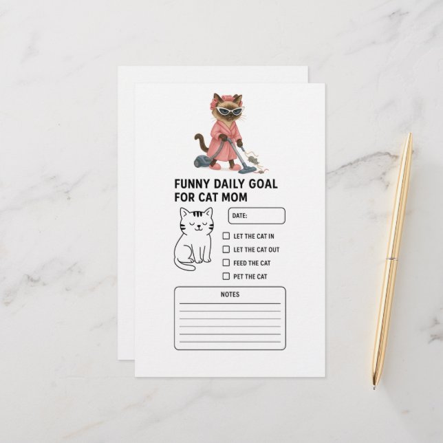 Cat is cleaning house Daily Goal for Cat Mom Stationery (Front/Back In Situ)