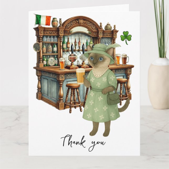 Cat is drinking beer in Irish Pub Thank You Card (Front)
