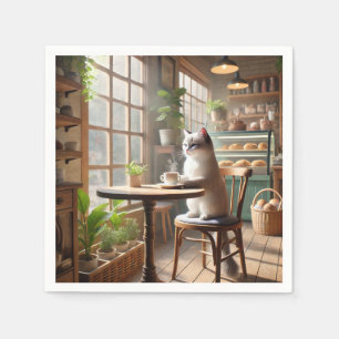 Cat is drinking coffee in cafe  napkins