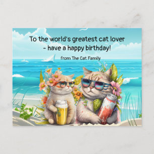 Cat is drinking on the beach Birthday Postcard