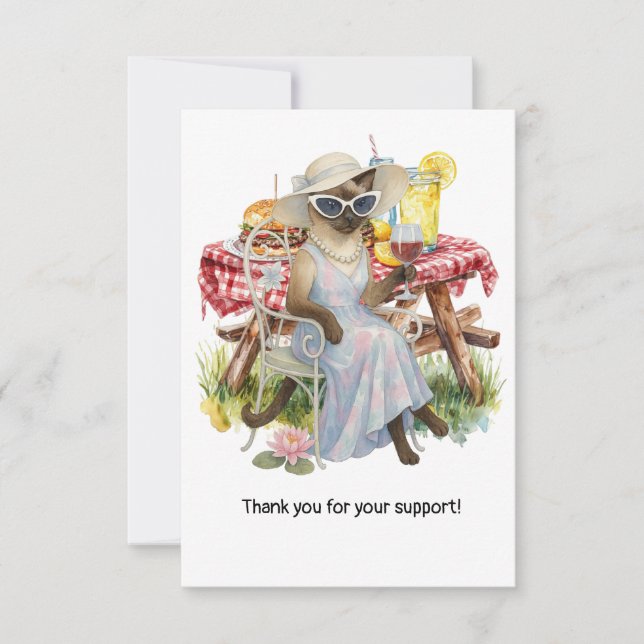 Cat is drinking wine with picnic food background thank you card (Front)