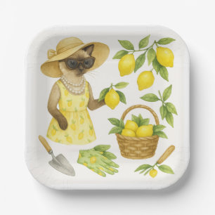 Cat is gardening in Beautiful Lemon garden Paper Plates