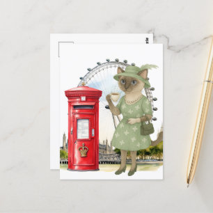 Cat is having a cup of tea in London Postcard