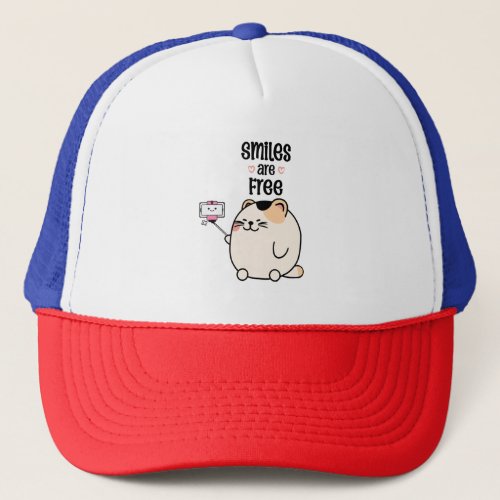 cat_is_holding_phone_that_says_smiles_are_free trucker hat