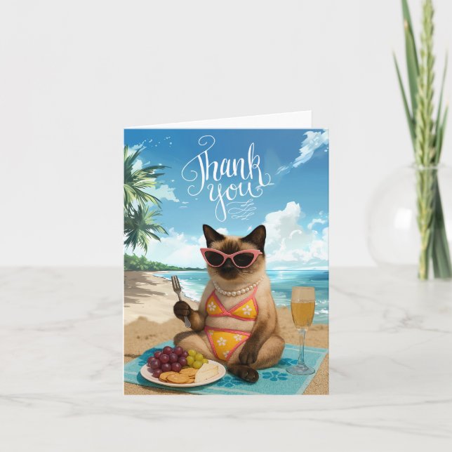 Cat is on the beach thank you card (Front)