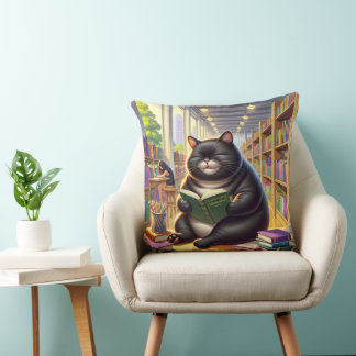 Cat is reading a book throw pillow