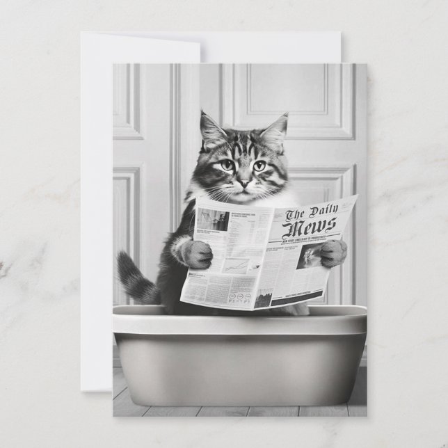 Cat is sitting on the Toilet, cat reading a news Invitation (Front)