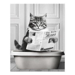 Cat is sitting on the Toilet, cat reading a news Photo Print