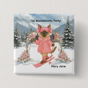 Cat is skiing in Pink outfit Bachelorette Party Button