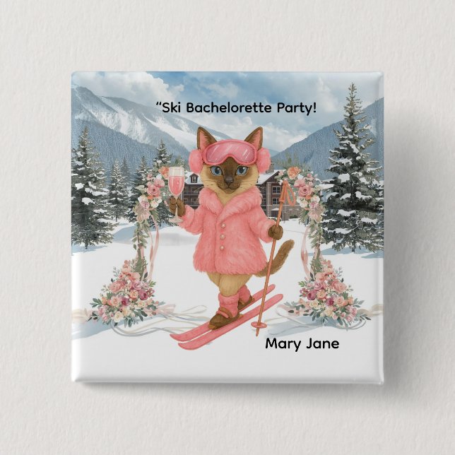 Cat is skiing in Pink outfit Bachelorette Party  Button (Front)