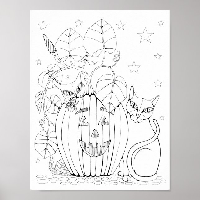 Cat Jack O’Lantern Scene Coloring Page Art Poster (Front)