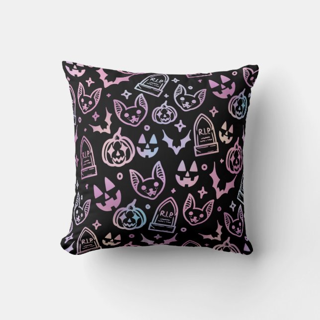 Cat Jack O'Lantern Bat Halloween Black Decor Throw Pillow (Front)