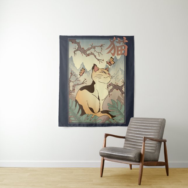 Cat Japanese Art Style Tapestry (In Situ)