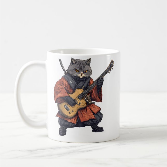 Cat Japanese Samurai Playing Guitar Musician Music Coffee Mug (Left)