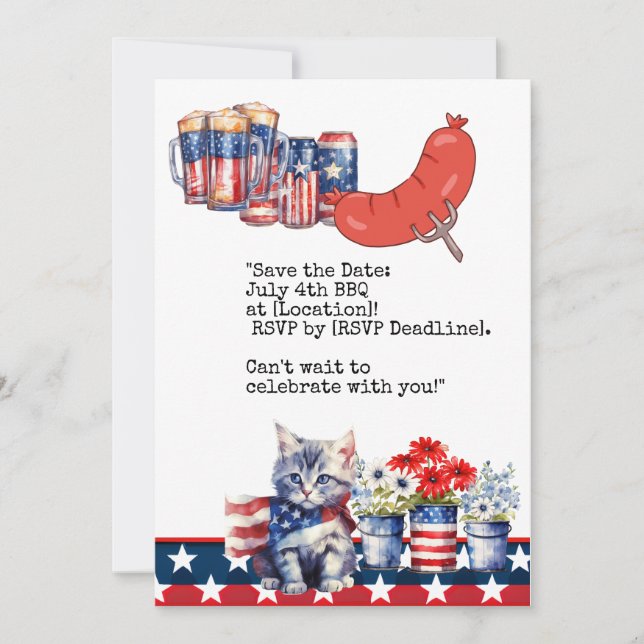Cat July 4th Independence Day Barbecue Party  Invitation (Front)