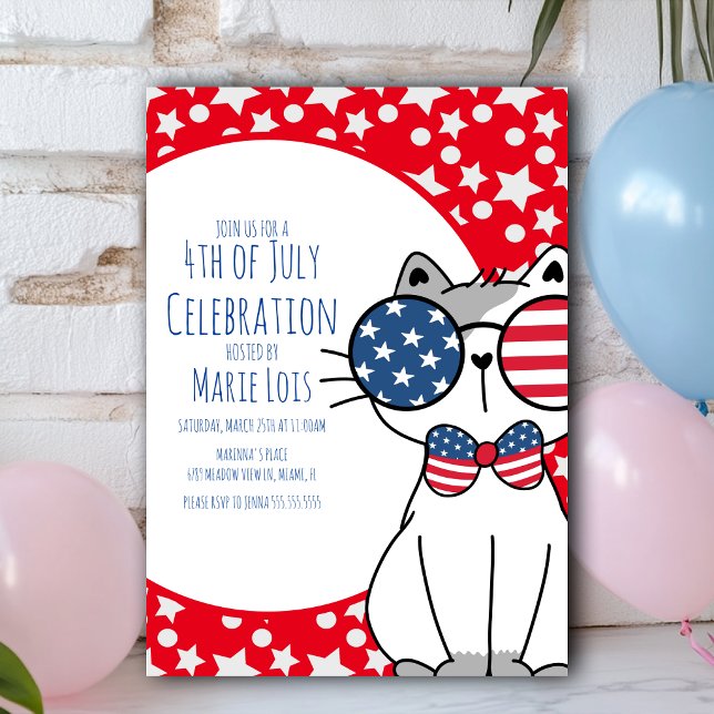 Cat July 4th  Stars and Dots Red  Invitation (Creator Uploaded)