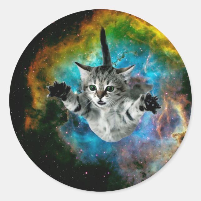 Cat jumping in space classic round sticker (Front)