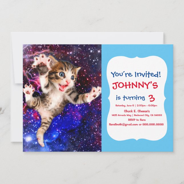Cat jumping in space invitation (Front)