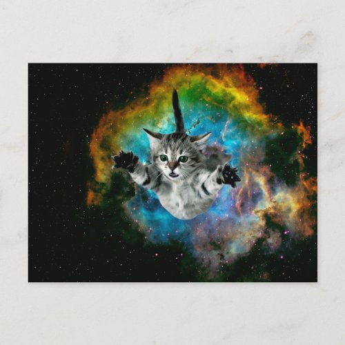 Cat jumping in space postcard