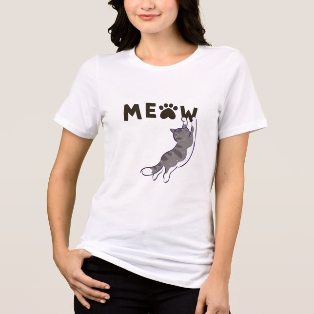 Cat Jumping to MEOW Paw Print Design Tri-Blend Shirt (Front)